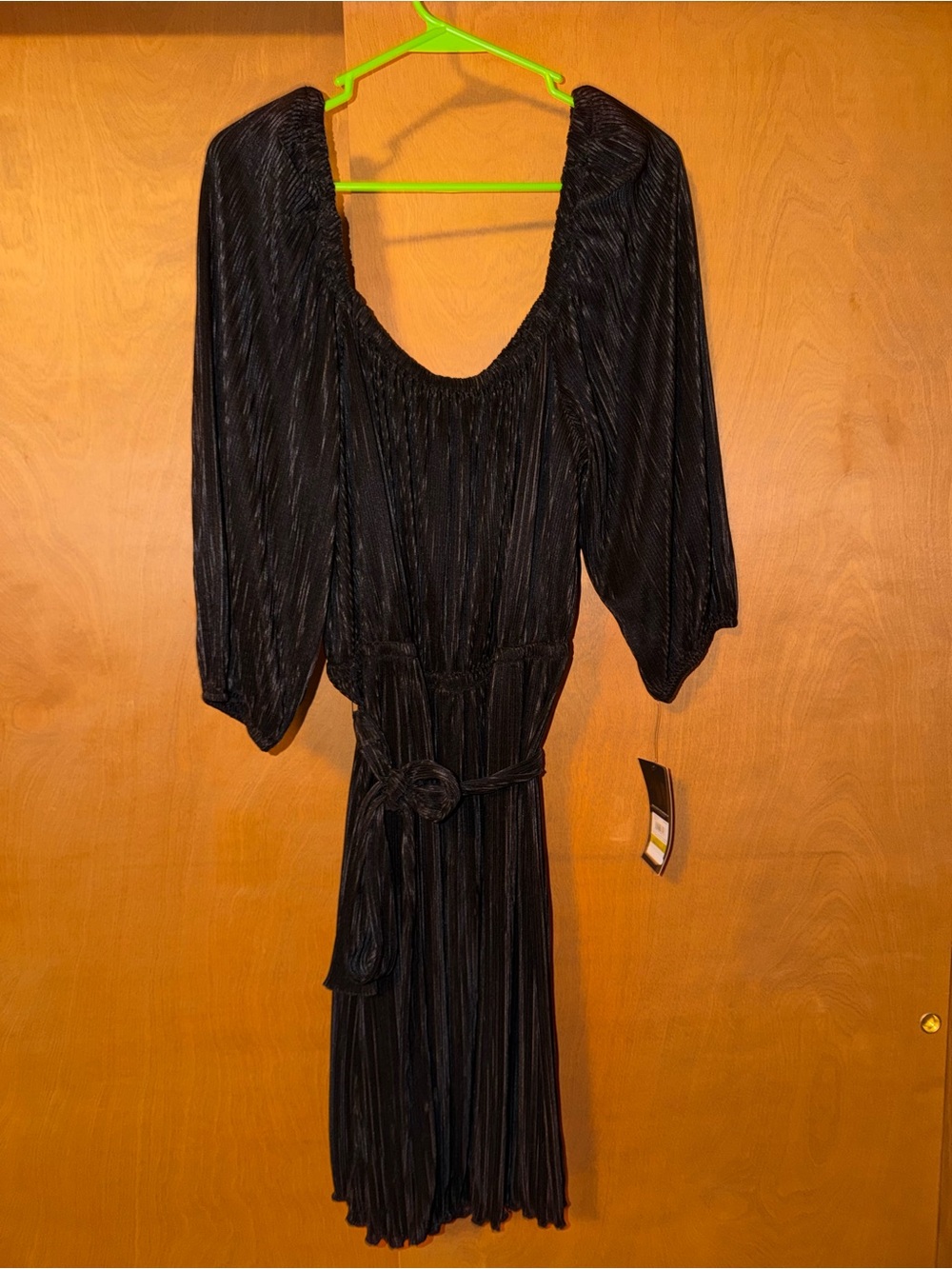 Nine West Black Pleated Midi Dress with Puff Sleeves and Belt